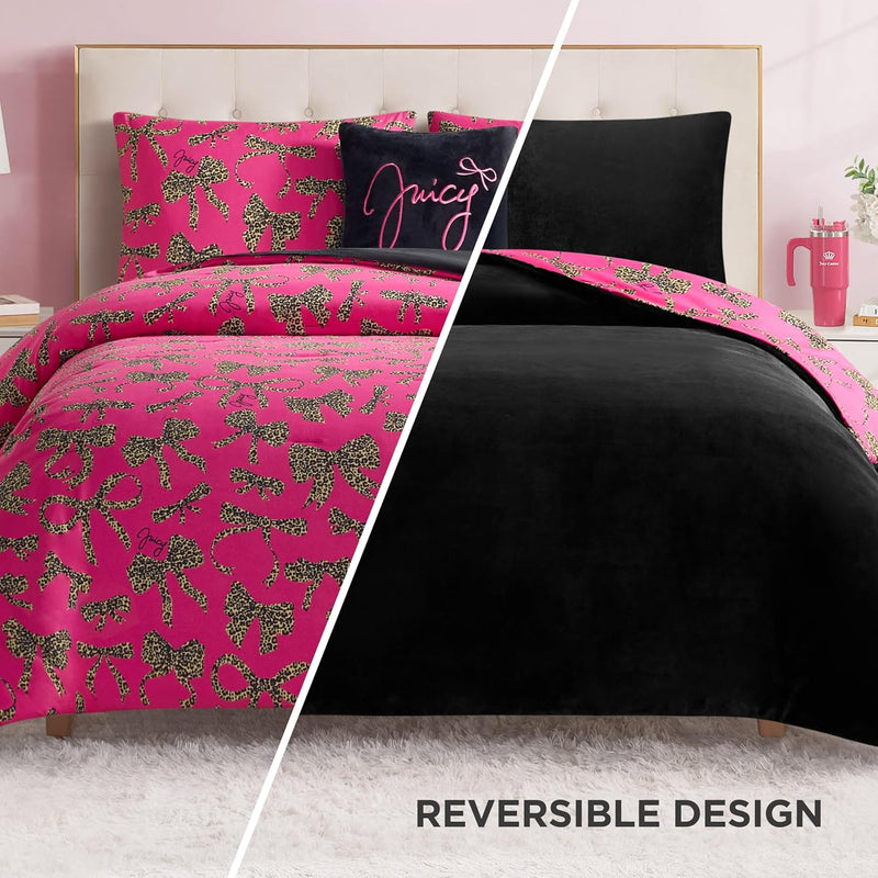 Juicy Couture Plush Reversible Cheetah Bows 4-Piece Full/Queen Comforter Set with Decorative Pillow