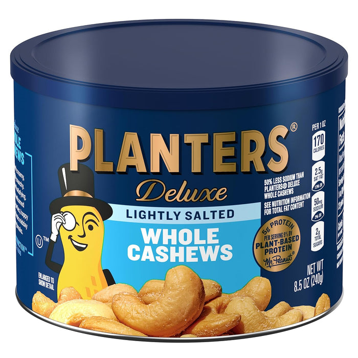 PLANTERS Deluxe Salted Whole Cashews, Party Snacks, Plant-Based Protein, Quick Snack for Adults, After School Snack, Roasted Cashew Flavored with Sea Salt, Bulk Nuts, Kosher, 1 lb 2.25oz Canister