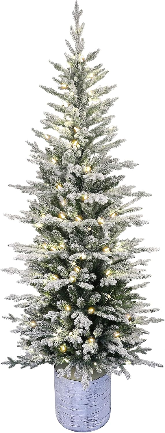 Puleo International 4.5 Foot Pre-Lit Potted Flocked Arctic Fir Artificial Christmas Tree with 70 UL-Listed Clear Lights