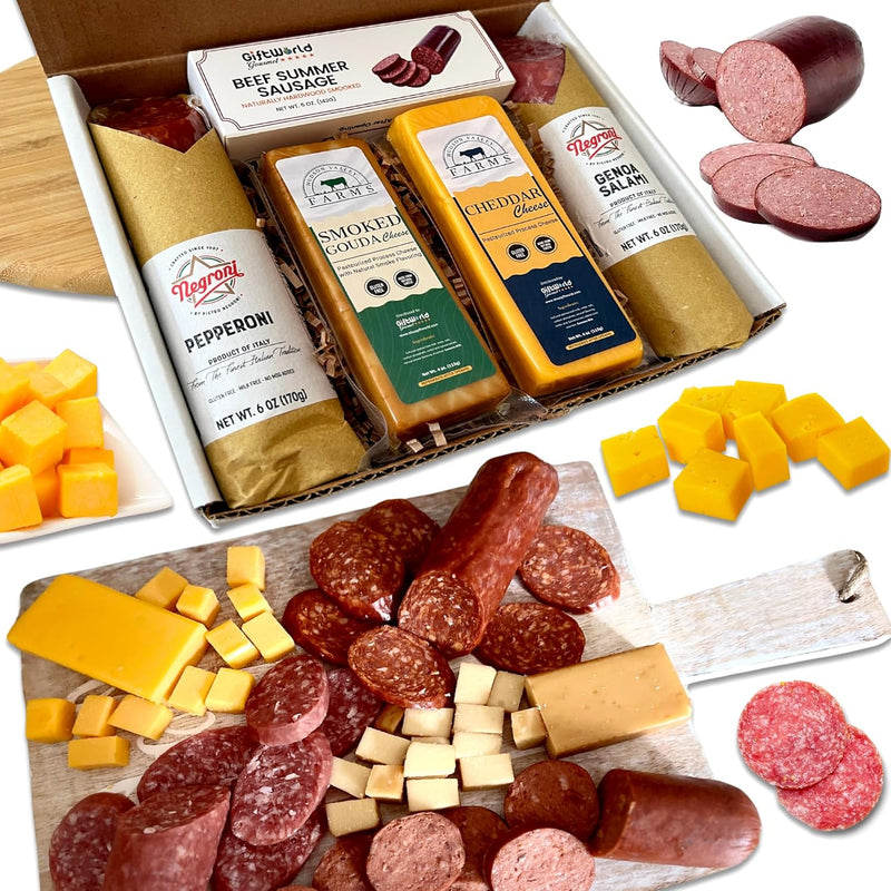 Deluxe Charcuterie Food Items, Meat and Cheese Gift Basket with Salami, Summer Sausage, Charcuterie Board Food Gifts for Men - Father's Day, Mother's Day, Easter, House Warming, Care Package, Thanksgiving, and Christmas Gifts (10-item Bundle)