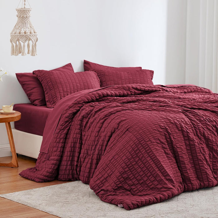 Love's cabin Seersucker Terracotta King Size Comforter Set 7 Pieces, All Season Bedding Set, King Bed in a Bag Comforter Set with Comforter, Flat Sheet, Fitted Sheet, Pillowcase and Pillow Sham