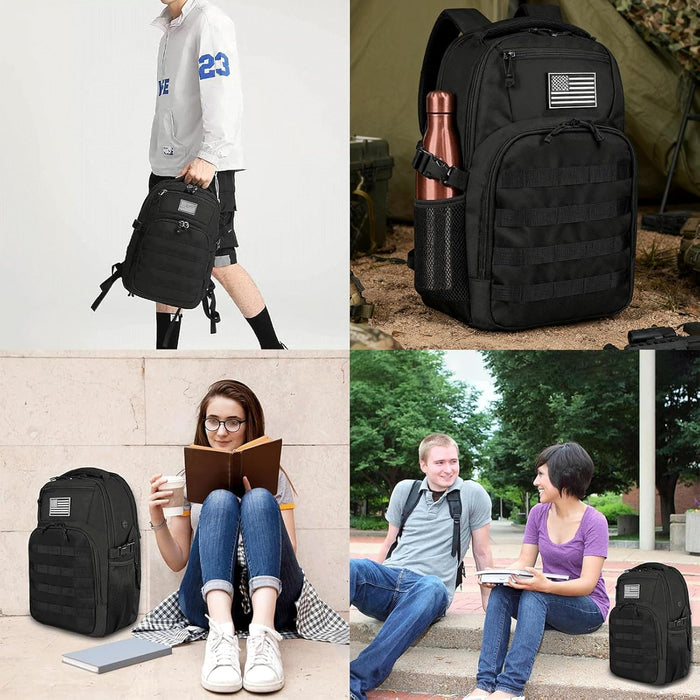 15.6'' Travel Laptop Backpack for Men, 30L Tactical College Backpacks with Water Pouches Both Sides, Portable Backpack for Men Women Business Work Bag Fight Approved, Black Backpack
