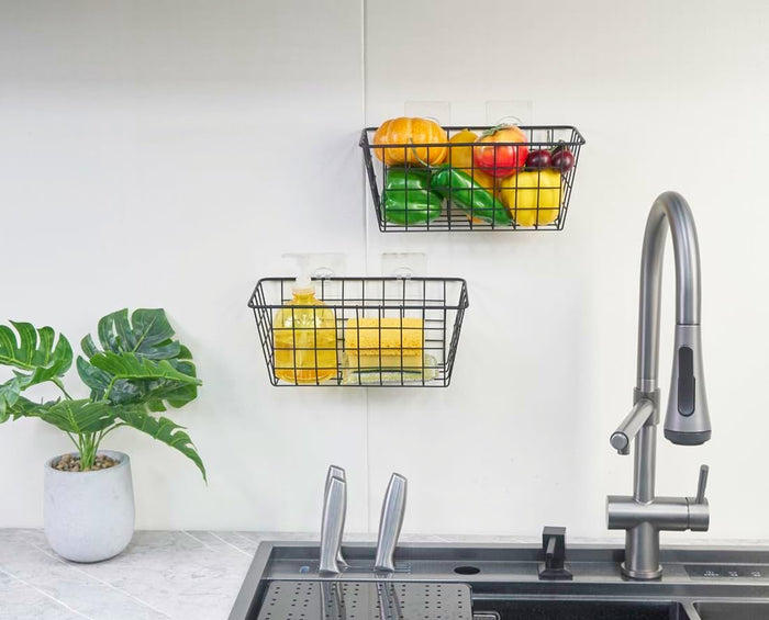 4 Pack Hanging Sorage Basket, Bathroom Basket, Household Goods, with Traceless Tape, no Drilling, for Cabinet Storage, Kitchen, Bathroom, Storage Room,Black