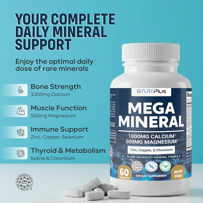 Mega Mineral – Complete Complex with Vitamin D, Calcium, Magnesium, Zinc, Potassium, Boron, Selenium, Chromium & 72 Trace Minerals – Iron-Free – USA Made – 60 Tablets