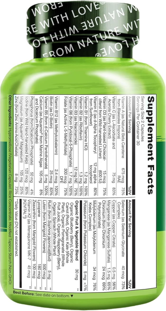 NATURELO Teen Multivitamin - Whole Food Multivitamin for Teenage Boys - Minerals Supplement for Active Kids - with Plant Extracts - Non-GMO - Vegan & Vegetarian - 60 Capsules