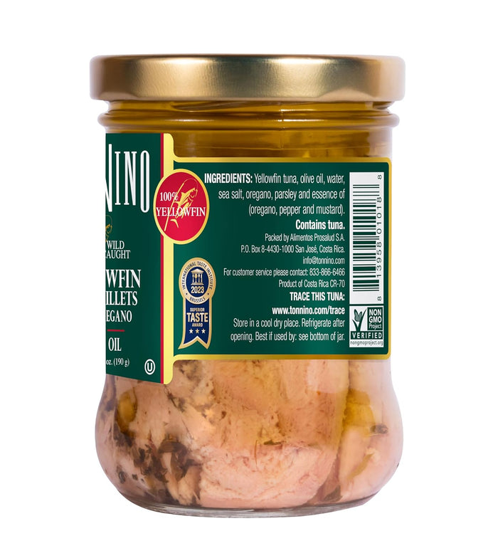 Tonnino Tuna Fish Yellowfin Pole&Line – Oregano – Pack of 6 – Alternative to Salmon – Protein Snacks – Ready to Eat Meals in Jar