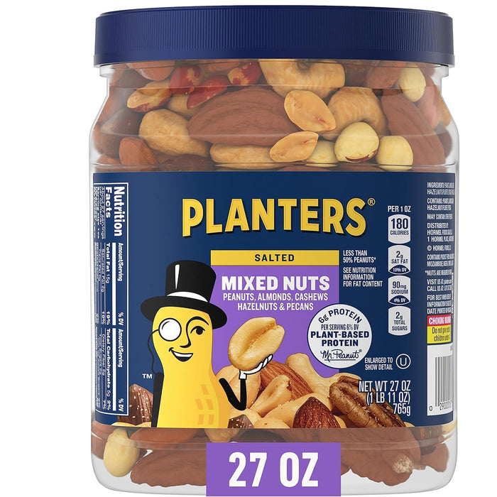 PLANTERS Unsalted Mixed Nuts, Cashews, Almonds, Hazelnuts, Pecans, Pistachios no Shell, Party Snacks, Plant-Based Protein, Quick Snack for Adults, After School Snack, Kosher, 34.5 Oz Container
