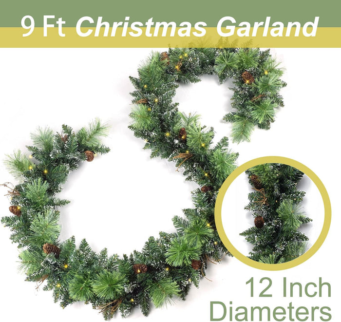 Christmas Garland Prelit 9 Ft Battery Operated with 50 Led Lights, Pine Cone and Snow Style Xmas Garland, Christmas Decor for Mantle StairIndoor Outdoor