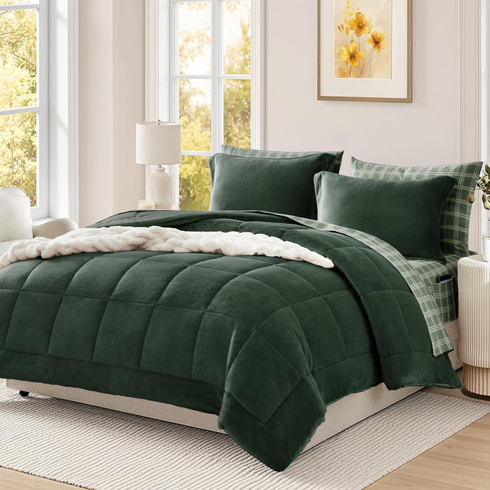 Plush Queen Comforter Set Brown, Flannel Velvet Comforter Sets 7 Pieces Bed in a Bag, Soft Warm Winter Bedding Set with Sheets, Pillowcases & Shams
