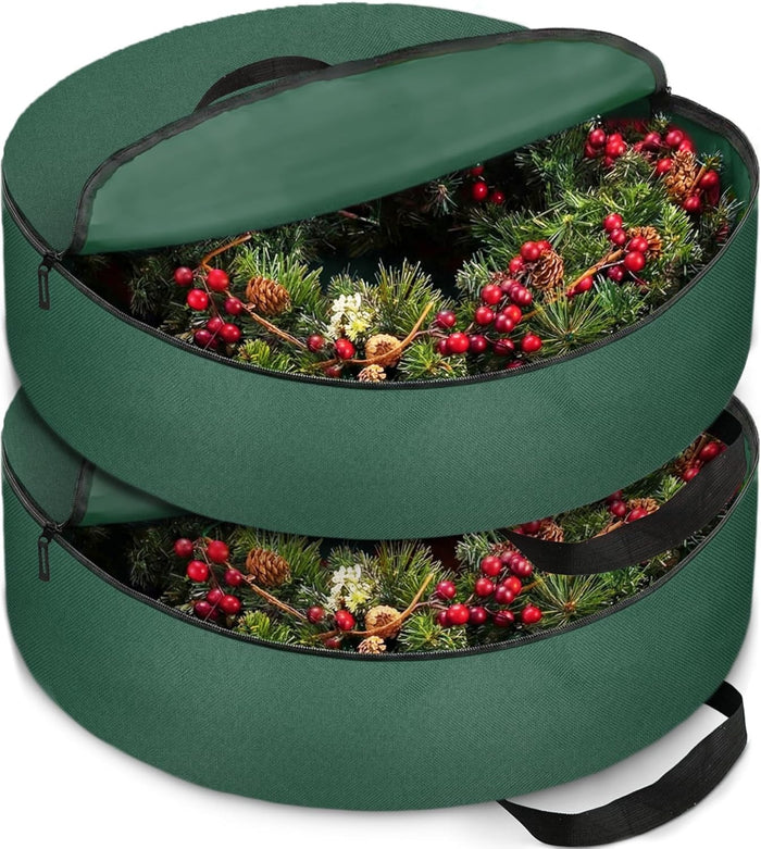ZOBER 2 Pack Oxford Christmas Wreath Storage Container 30 Inch - Wreath Bag for Artificial Wreaths Box - Waterproof Fabric, Dual Zippered Wreaths Storage Bag With Strong Durable Handles - Red