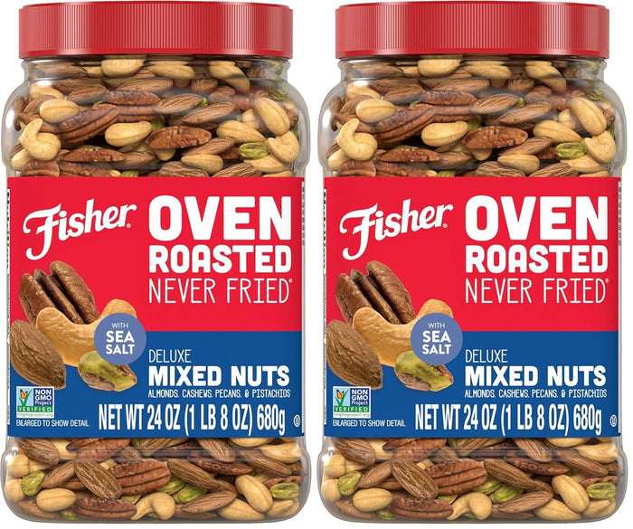 Fisher Oven Roasted Never Fried Mixed Nuts with Peanuts, 24 Ounces (Pack of 1), Peanuts, Almonds, Cashews, Pistachios, Pecans, Trail Mix, Healthy Snacks for Adults, Made With Sea Salt, No Added Oils