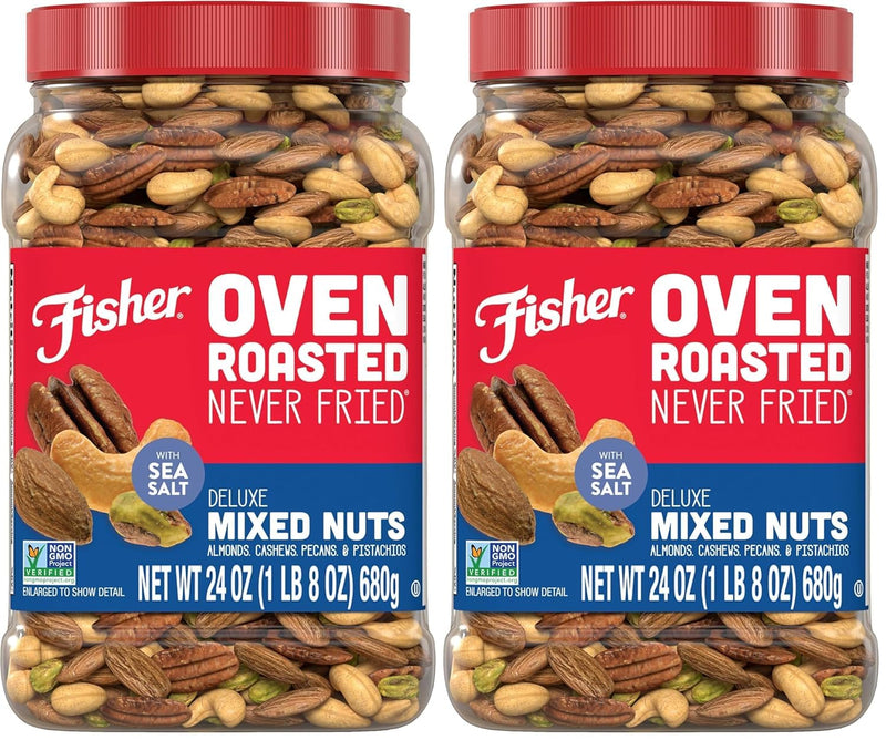 Fisher Oven Roasted Never Fried Mixed Nuts with Peanuts, 24 Ounces (Pack of 1), Peanuts, Almonds, Cashews, Pistachios, Pecans, Trail Mix, Healthy Snacks for Adults, Made With Sea Salt, No Added Oils