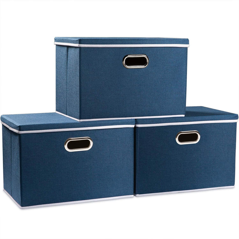 PRANDOM Storage Bins with Lids [3-Pack] Jute Fabric Foldable Storage Boxes Organizer Containers Baskets Cube with Cover for Home Bedroom Closet Office Nursery khaki（23.4X15.9X11.5
