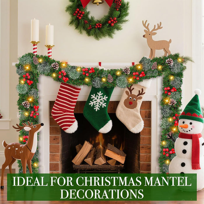Timer - 9Ft by 10 Inch Prelit Christmas Garland Decoration with 50 Warm White LED Battery Operated Lighted Garland, 200 Branches 20 Canyon Pine Berry Pinecone, Xmas Stair Home Fireplace Outdoor Indoor
