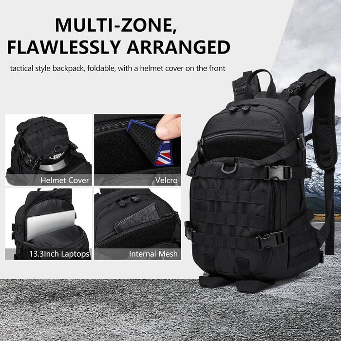 25L Small Tactical Backpack For Men, Military Waterproof Backpack With Multiple Pockets, 3-Day Bug Out Bag Molle Backpacks For Camping Hiking Military Traveling (Black)