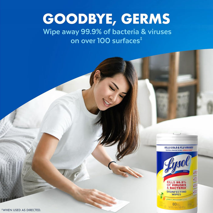 Lysol Disinfecting Wipes Bundle, Home Apartment Dorm Room Essentials and Cleaning Supplies, All Purpose Cleaner, Multi-surface Cleaning Wipes, Lemon and Lime Sanitizing Wipes Bundle, 80 Count