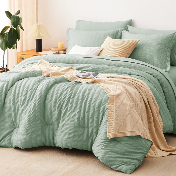 CozyLux Queen Comforter Set Dark Grey Seersucker 7 Pieces Bed in a Bag Queen Comforter Set with Sheets, Luxury Soft Bedding Set with Down Alternative Comforter, Sheets, Pillowcases & Shams All Seasons