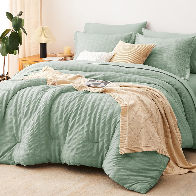 CozyLux Queen Comforter Set Beige Seersucker 7 Pieces Bed in a Bag Queen Comforter Set with Sheets, Luxury Soft Bedding Set with Down Alternative Comforter, Sheets, Pillowcases & Shams for All Seasons