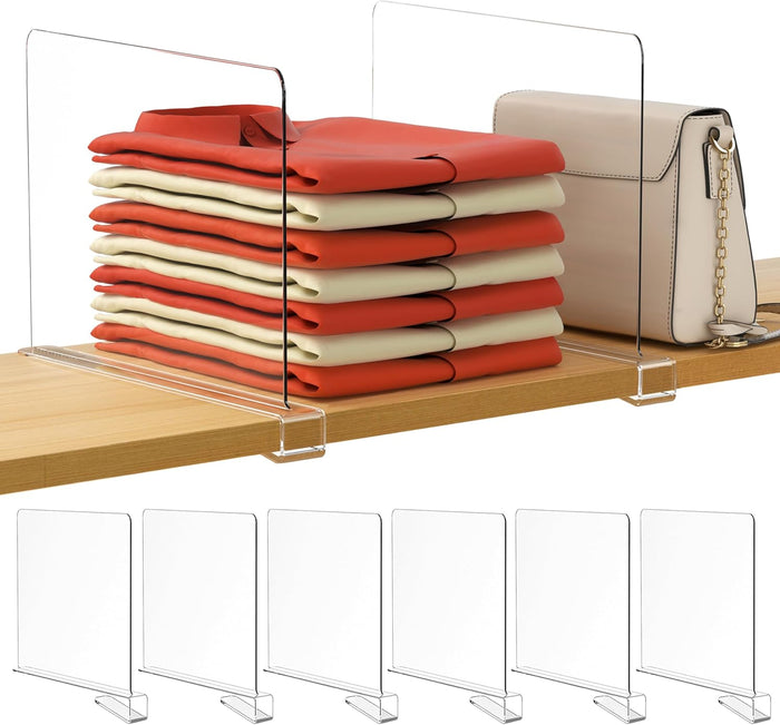 HBlife 6 Pack Closet Organizers and Storage, Clear Shelf Dividers, Vertical Purse Organizer for Closet Perfect for Sweater, Shirts, Handbags in Bedroom and Kitchen, Acrylic Bookshelf for Organization