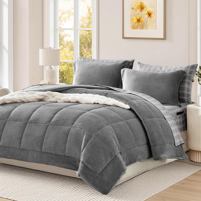 Plush Queen Comforter Set Light Taupe, Flannel Velvet Comforter Sets 7 Pieces Bed in a Bag, Soft Warm Winter Bedding Set with Sheets, Pillowcases & Shams