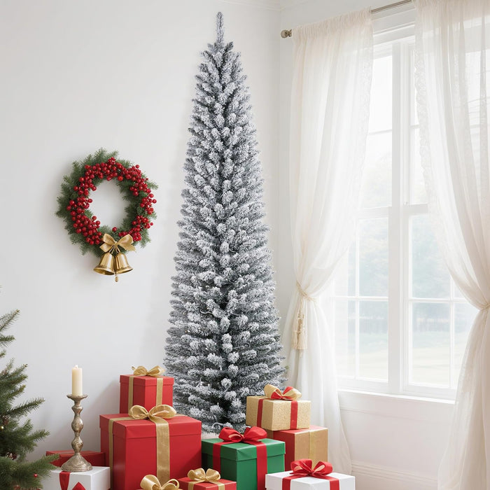 7.5ft Prelit Flocked Pencil Christmas Tree with Lights, Slim Artificial Xmas Tree with Snowy Branch Tips & Sturdy Metal Stand for Indoor Holiday or Party Decor