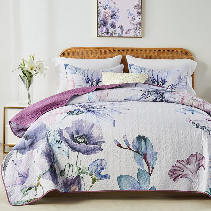 Yogeneg King Size Quilt Set,White Gold Floral Botanical Pattern Black Bedding Set,3 Piece Lightweight Soft Summer Bedspread Coverlet with 2 PIillow Sham for All Season(Black Floral,110"x96")