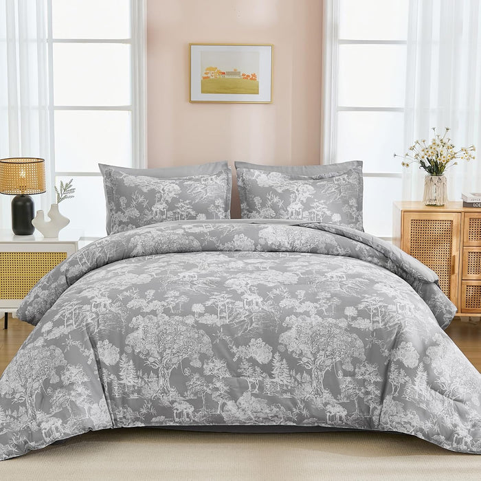 DJY Blue Comforter Set King, 7 Pieces Bed in a Bag King Size Botanical Comforters with Sheets Elegant Plants Print Soft Microfiber Reversible Complete Bedding Sets for All Season