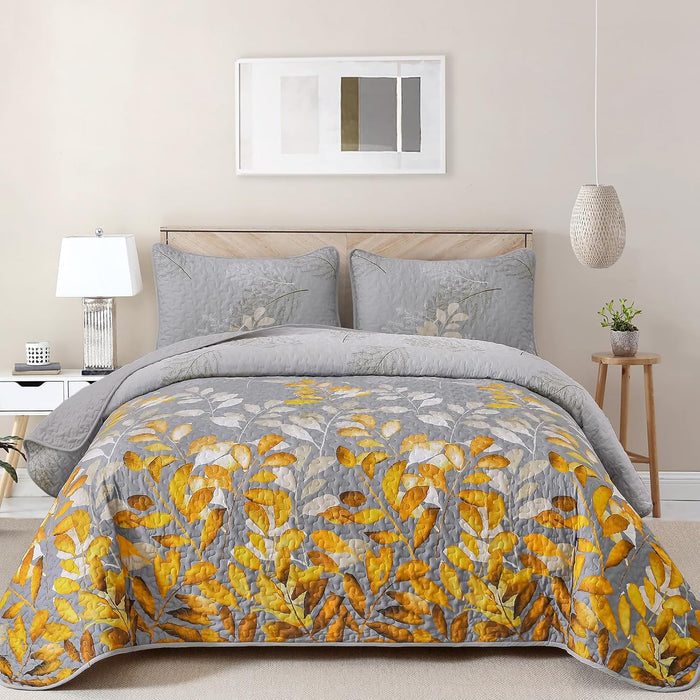 WONGS BEDDING Blue Quilt Set Queen Size,3 Pieces Navy Blue Floral Bedspread Coverlet Set,Soft Microfiber Lightweight Grayish Blue Gradient Floral Bedding Set Queen 96"x90"