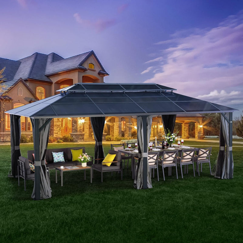 LeDoasis 10' X 13' Permanent Hardtop Gazebo, Outdoor Polycarbonate Double Roof Canopy with Breathable Netting & Privacy Curtain for Patio Backyard Garden Lawn Party