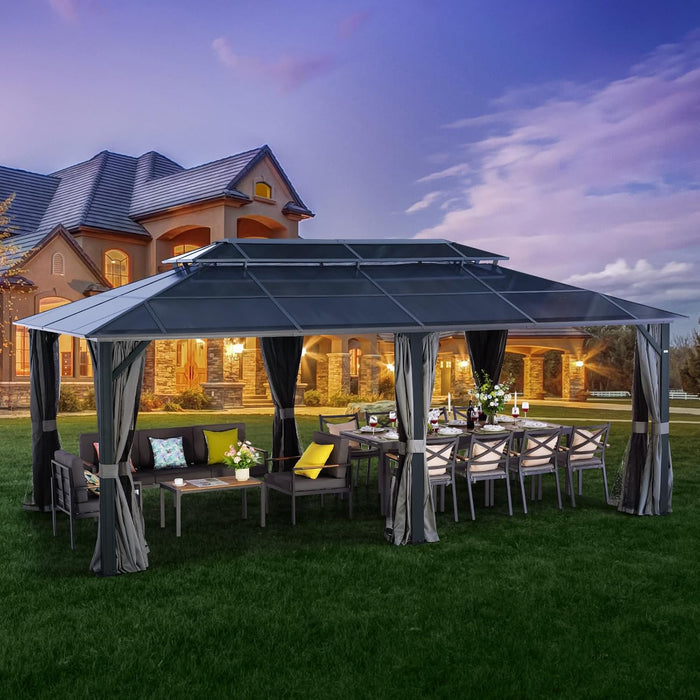 LeDoasis 10' X 13' Permanent Hardtop Gazebo, Outdoor Polycarbonate Double Roof Canopy with Breathable Netting & Privacy Curtain for Patio Backyard Garden Lawn Party