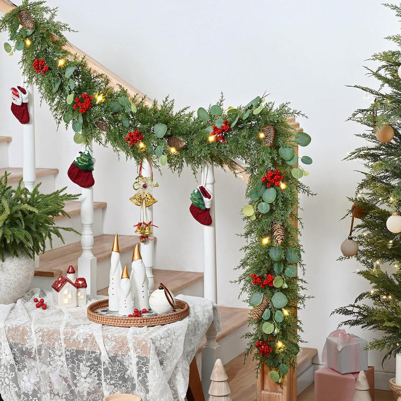 Waipfaru Christmas Decorations, 5.9FT Christmas Garland with Lights, Prelit Lighted Christmas Greenery Cedar Garland Cypress for Home Table Mantel Stair Railing Indoor Outdoor Xmas Decor