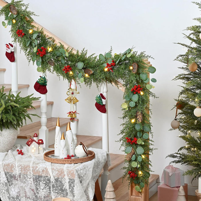 Waipfaru Christmas Decorations, 5.9FT Christmas Garland with Lights, Prelit Lighted Christmas Greenery Cedar Garland Cypress for Home Table Mantel Stair Railing Indoor Outdoor Xmas Decor