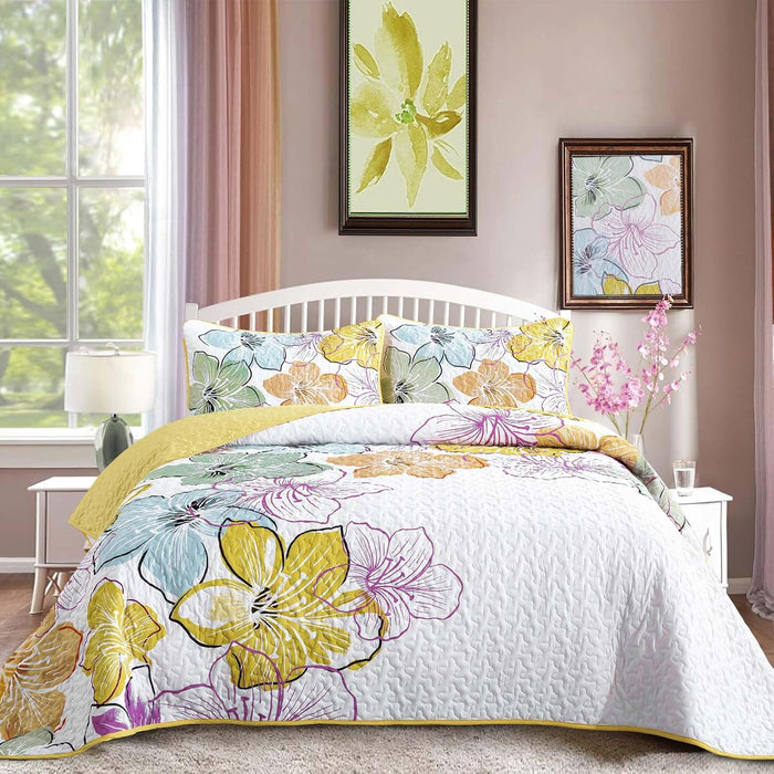 DJY 3 Pieces Quilt Set King Blue Floral Pattern Quilt Coverlet Elegant Bohemian Bedspread with 2 Pillow Shams Soft Lightweight Bedding Quilt Set for Adults (Blue, 104"x90")