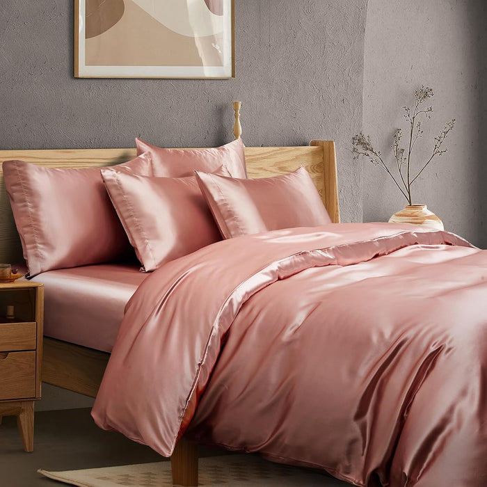 Manyshofu 6Pcs Rose Gold Duvet Cover Set Queen Size - Satin Fitted Sheet & Pillowcases, Silky Duvet Cover