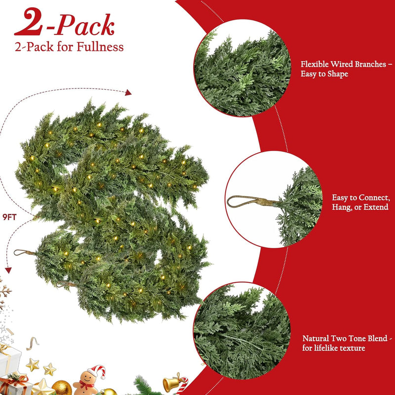 2PCS 9FT Pre-lit Christmas Cedar Garland with 100 Lights, Full 240 Pine Branches, Realistic Faux Garland Artificial Greenery for Fireplace Table Mantle Wall Indoor Outdoor Winter Holiday Decorations