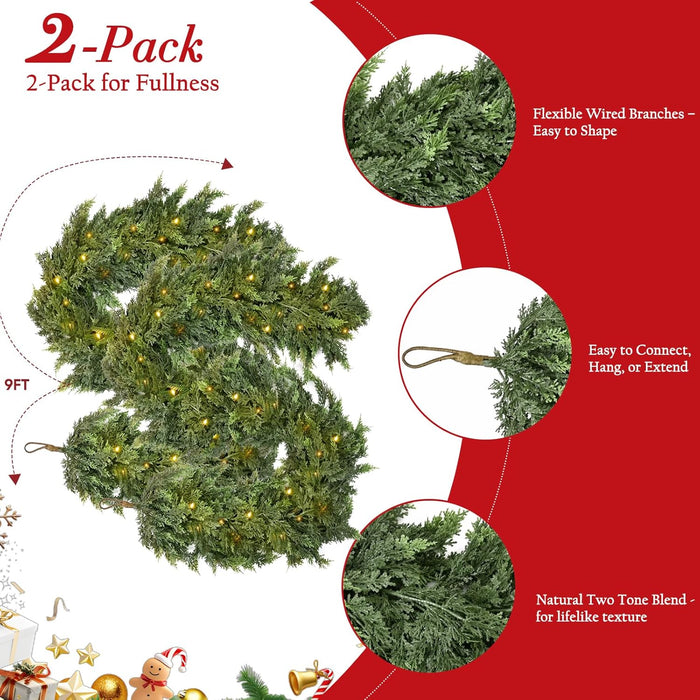 2PCS 9FT Pre-lit Christmas Cedar Garland with 100 Lights, Full 240 Pine Branches, Realistic Faux Garland Artificial Greenery for Fireplace Table Mantle Wall Indoor Outdoor Winter Holiday Decorations