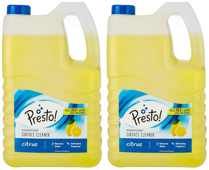Amazon Brand - Presto! Disinfectant Surface & Floor Cleaner | Citrus | 5 Litre | Kills 99.9% Germs | Suitable For Floor & Bathroom Surfaces Like Ceramic, Marble, Granite, Mosaic