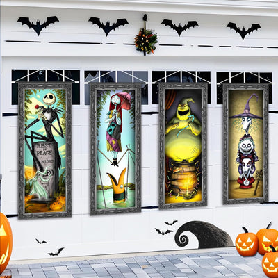 Tivee 4 Packs Jack Sally Banners Porch Signs Halloween Decor Christmas Nightmare Hanging Vintage Banner Halloween Decorations Outdoor Stretching Portraits Before Party Banner Wall Art