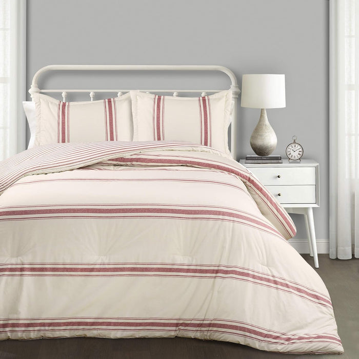 Lush Decor Farmhouse Stripe Reversible Cotton Comforter Set, 3 Piece Set, King, Red - Cozy F𝚊rmhouse Bedding Set - Rustic Decor - Striped Comforter - Modern Farmho𝚞se Bedroom Decor