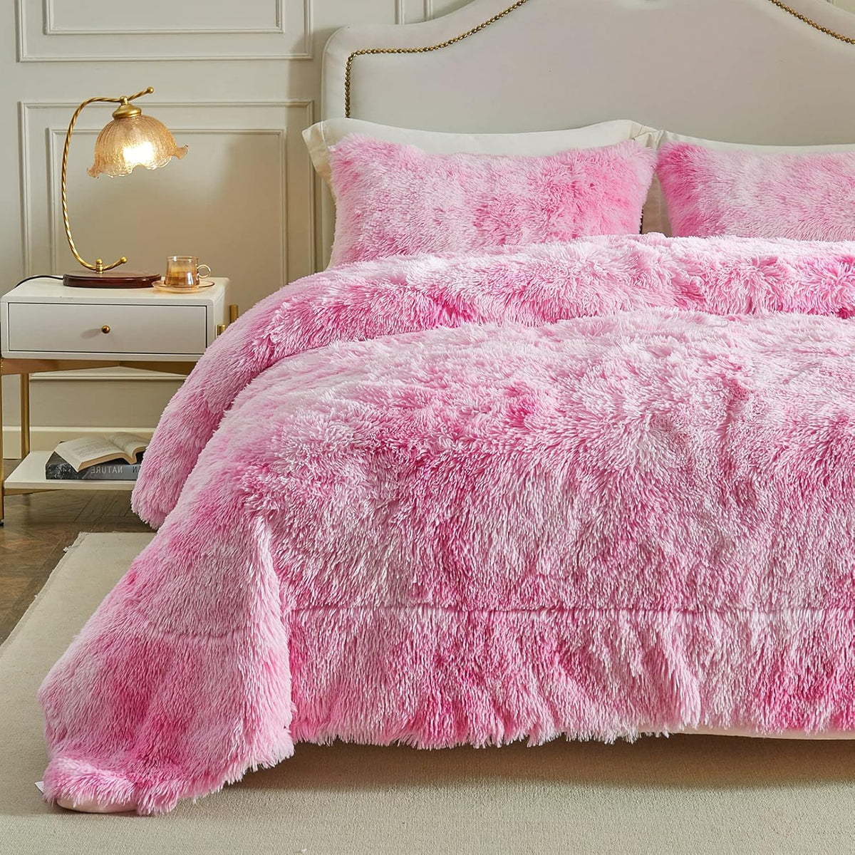 Wajade Faux Fur Plush Galaxy Blue Comforter Set Fluffy Fuzzy Shaggy Bedding Set - 3PC Full Size Microfiber Soft Warm Quilt Set