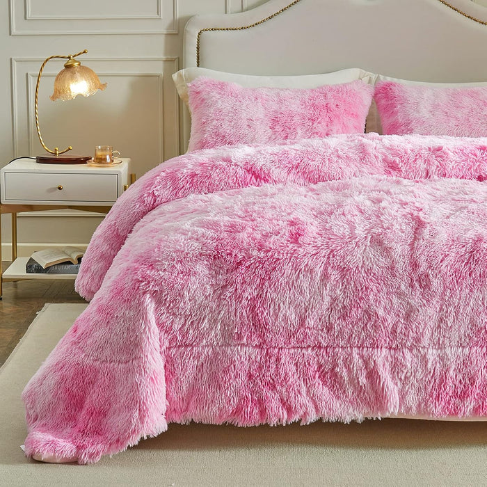 Wajade Faux Fur Plush Galaxy Blue Comforter Set Fluffy Fuzzy Shaggy Bedding Set - 3PC Full Size Microfiber Soft Warm Quilt Set