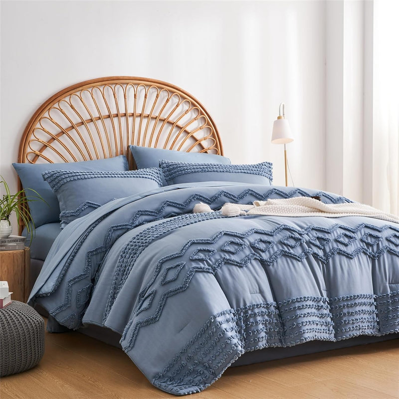 Blush Pink Tufted Comforter Set Queen Size 7 Piece Bed in a Bag, Shabby Chic Boho Comforter and Sheet Set, Pom Pom Textured Bed Set, All Season Soft Microfiber Complete Bedding Set(Pink,Queen)