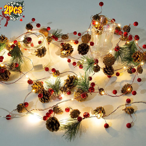 5.9FT Artificial Christmas Garland String Lights with 162 Snowy Red Berries 55 Green Leaves 20 LED Lights Battery Operated for Xmas Mantle Indoor Outdoor Holiday Christmas Thanksgiving Decoration