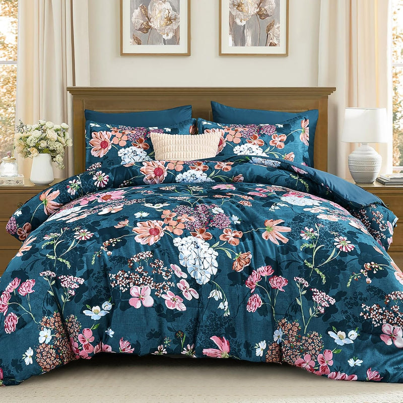 Yiran Black Red Fall Floral Comforter Set Queen Size, 7 Piece Comforter Bedding Set, Botanical Bed in a Bag, Soft Microfiber Complete Bedding Set with Sheets for All Season