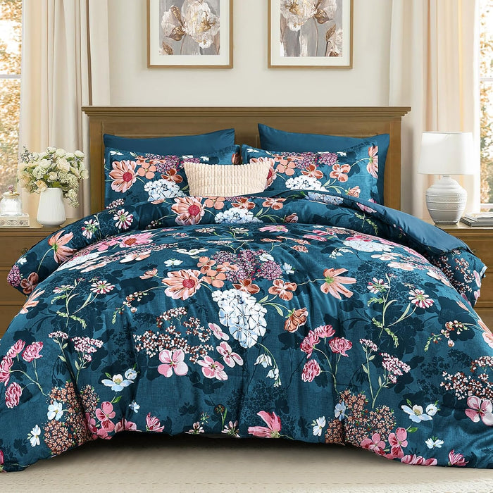 Yiran Black Red Fall Floral Comforter Set Queen Size, 7 Piece Comforter Bedding Set, Botanical Bed in a Bag, Soft Microfiber Complete Bedding Set with Sheets for All Season