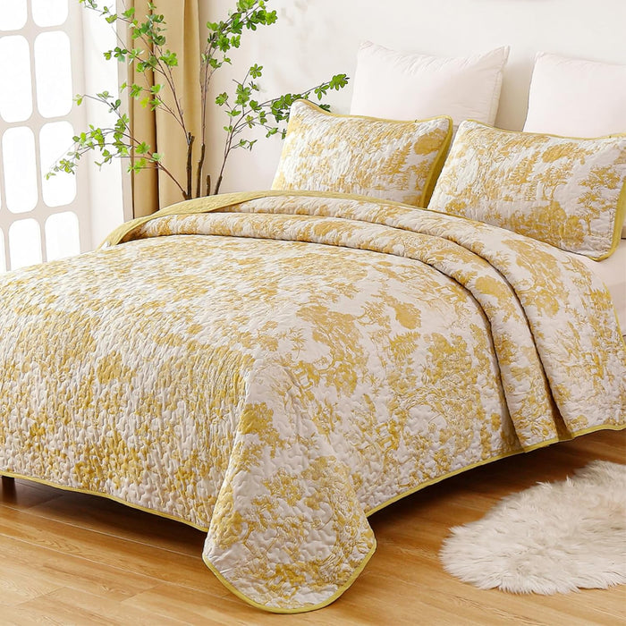 WONGS BEDDING Botanical Quilt Set Queen Size, Sage Green 3 Pieces Toile Floral Plants Printed Bedspread Bedding Set Soft Lightweight Microfiber Coverlet Set for All Season (96"x90")