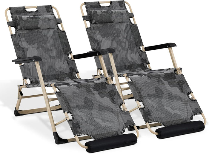 MoNiBloom Patio Lounge Chair Set of 2 Folding Lawn Lounger Outdoor Camp Reclining Chair with Adjustable Headrest for Garden Yard Pool Side, 330lbs Capacity