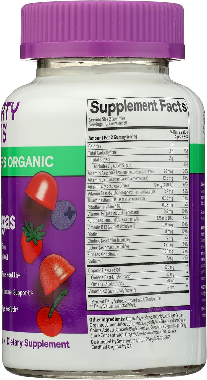SmartyPants Organic Toddler Multivitamin Gummies: Probiotics, Omega 3 (ALA), Vitamin D3, C, Vitamin B12, B6, A, K & Zinc, Beta Carotene, Gluten Free, Three Fruit Flavors, 60 Count (30 Day Supply)