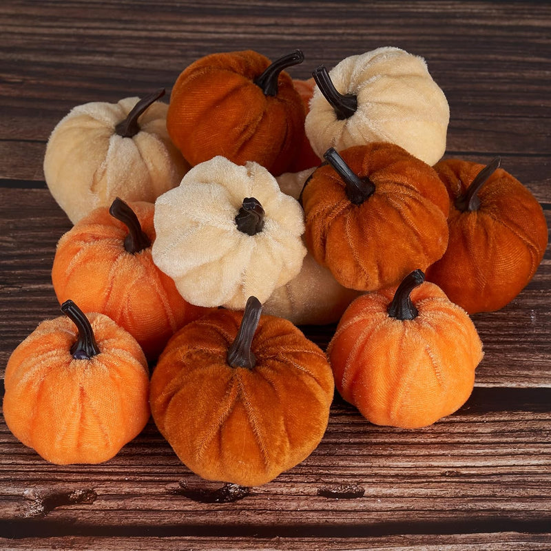 Pumpkin Decor 12pcs Artificial Fake Faux Velvet Foam Fabric Pumpkins Decoration for Fall Home Farmhouse Harvest Thanksgiving Decorative