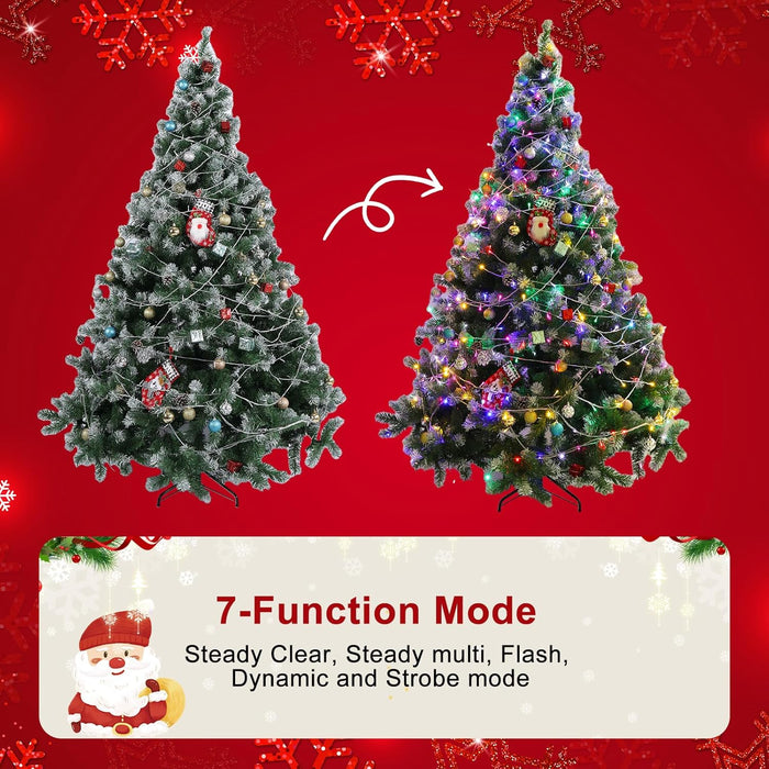 olelo 7.5 ft Artificial Christmas Tree, Snow Flocked Xmas Tree with 500 Lights, 1200 Branch Tips, 60 Decorative Pendant & 3 Decorative Socks, Metal Hinges & Foldable Base